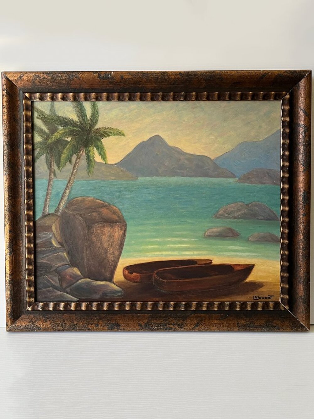 Vintage Original Tropical Seascape Oil Painting Beach Island Canoe Palms Signed